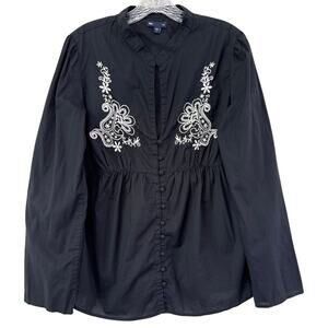 Gap Boho Embroidered Cotton Poplin Popover Top Button Up‎ Sz L Black Renaissance